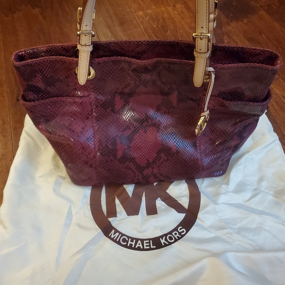 Burgundy snakeskin Michael Kors tote